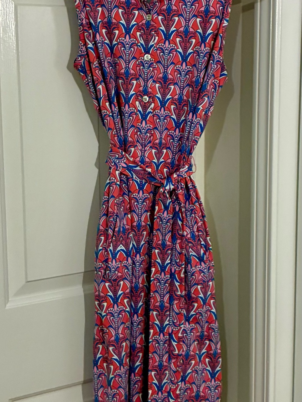 J. McLaughlin Pink and Blue Printed Tie-Waist Midi Dress